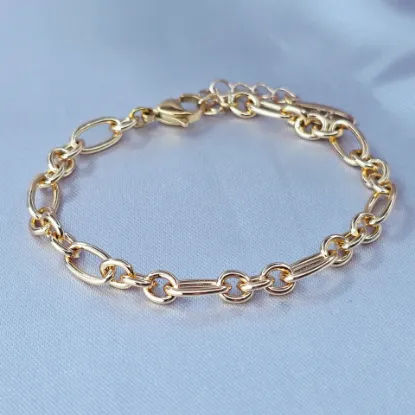 Imagen de Pulsera Tejido Rectángulos y Tres Cículos Ovalados Oro Dorado Talla 1905