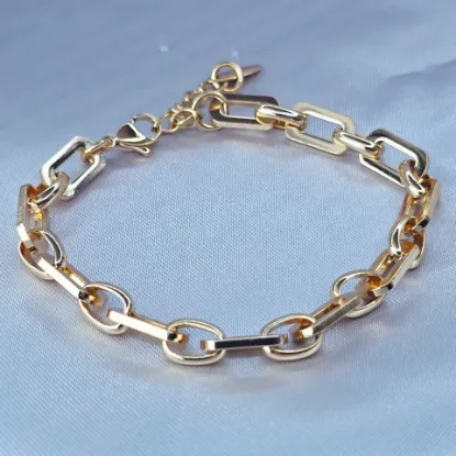Imagen de Pulsera Tejido Rectángulos y Cículos Ovalados Oro Dorado Talla 2107
