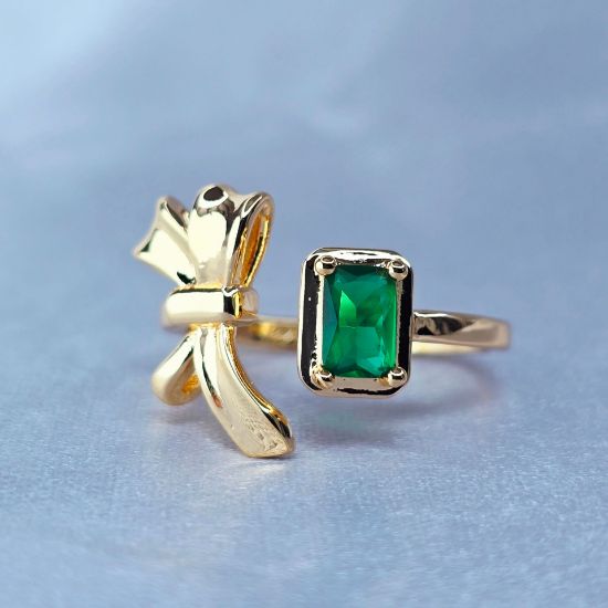 Imagen de Anillo Semiabierto Moño de Oro y Cubo Esmeralda 