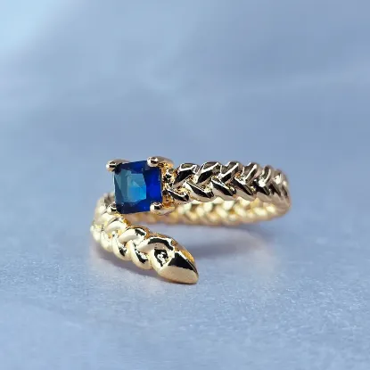Picture of Gold Braided and Blue Cube Semi-Open Ring Size 8